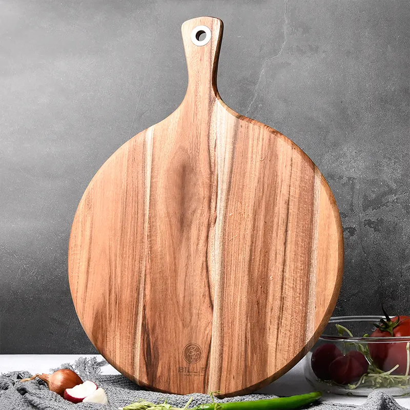 30cm Round Acacia Wooden Kitchen Chopping Board - Oil-Treated, Lightweight, Natural Grain, Leather-Accent Grip Handle, Hanging Strap, Ideal for Baking, Party Display (Cutting Chopping Boards)