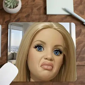 Pouting Blonde Straight Hair Doll Meme Square Gaming Mouse Pad, Retro Toy Face Design, Non-Slip Smooth Surface Mousepad for PC, Laptop, Gaming Setup, Small Size, Gift for Meme & Vintage Toy Fans, Desktop Accessory