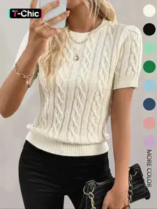 Women's Plain & Striped Tops, Crew Neck Knitting Sweater, Casual Short Sleeve Jumper for Daily Outings, Ladies Knitwear for All Seasons, Womenswear