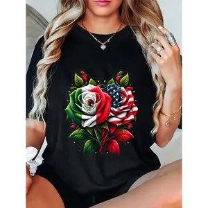 Unisex Cotton TShirt Featuring Mexico and USA Flags with Rose Flower Design