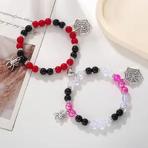 2Pcs Spider Matching Bracelets Magnetic Bracelets For Couple Heart Matching Bracelets Stretch Beaded Bracelets Party Jewelry Gifts