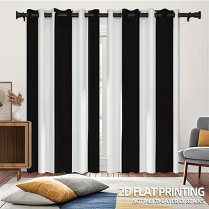 2 pieces/set, black and white striped print, flat-look decorative curtains, grommet design, high-definition printing, fade-resistant, washable, unique aesthetic decoration, suitable for bedrooms, living rooms, and offices, 150gsm, Window Curtain