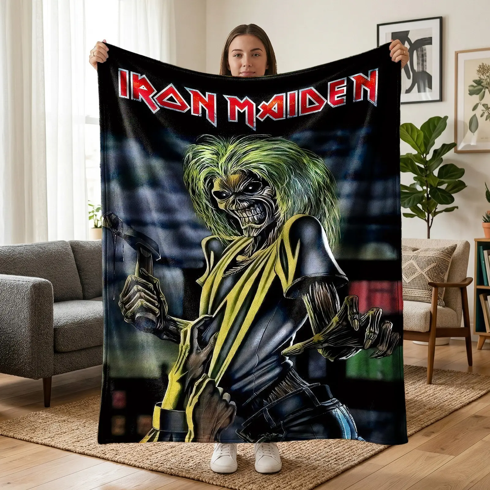 1 pc Iron Maiden band-themed flannel blanket, all-over print featuring classic Eddie skull imagery, dark heavy metal rock style. Soft, warm nap blanket—suitable for sofa, bed, office, shawl, camping, and travel; a versatile gift blanket for multiple scena