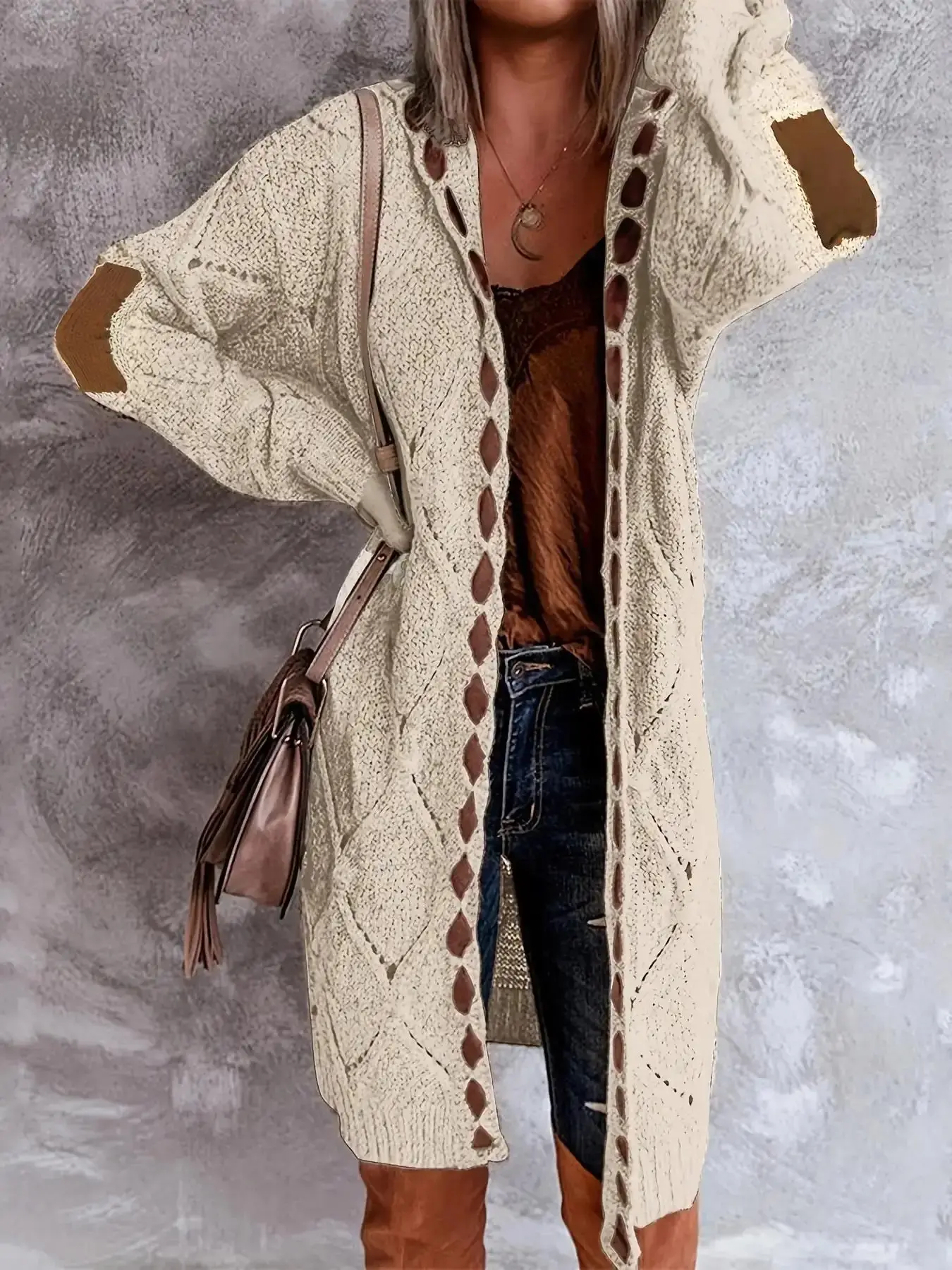Women's Patchwork Print Drop Shoulder Cable Knit Fabric Hooded Cardigan, Aesthetic Casual Loose Long Sleeve Soft Knitwear for Fall & Winter, Clothes, Tops must have year round