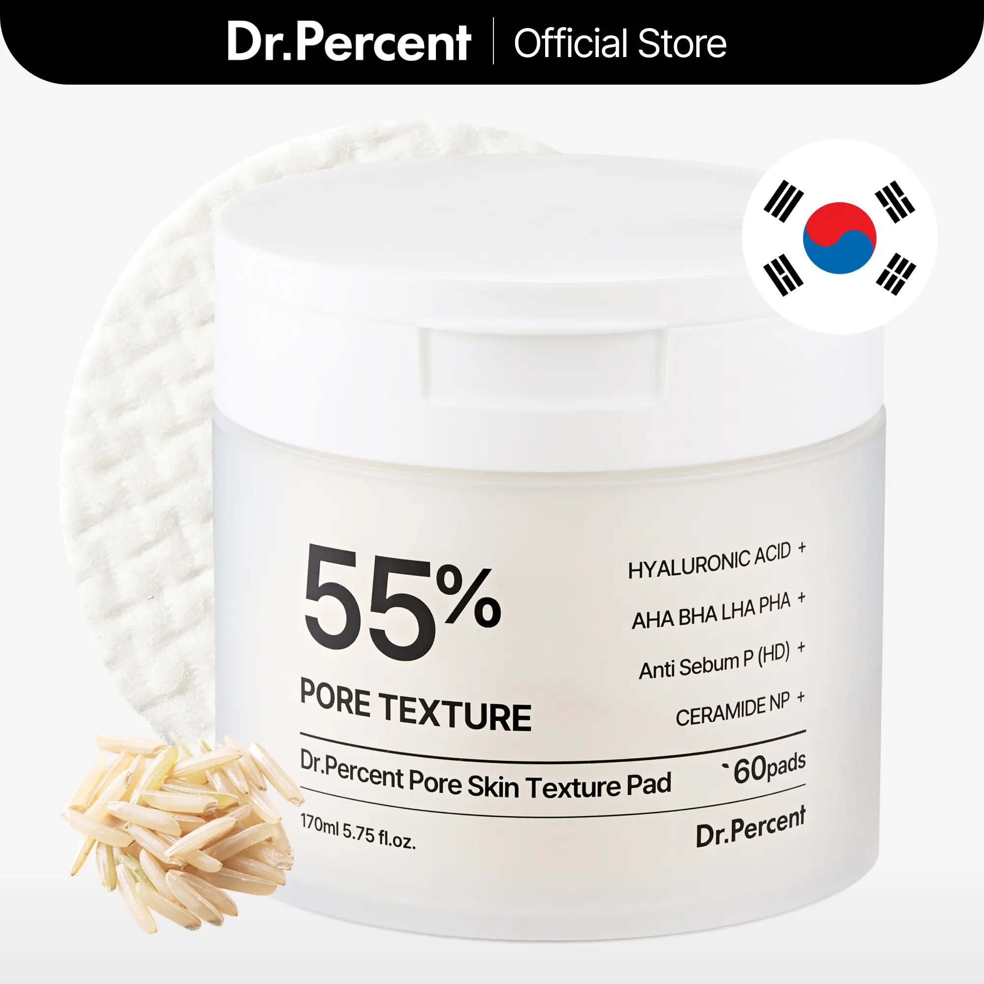 Pore 55% Skin Texure Pad – AHA BHA LHA, Retinol & Rice Extract for Enlarged Pores, Textured Skin, Sebum Control, Exfoliating Toner Pads for Glass Skin, Non-Irritating, Korean Skincare(60ct)