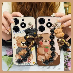 silicone Cartoon Phone Case For Tecno Spark 10 Pro/Ki7 Dirt-resistant Skin-friendly feel Anti-knock Black pearl pendant Bear bracelet protective case soft case cute