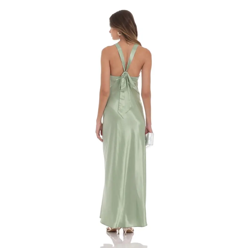 Satin V-Neck Maxi Dress in Sage