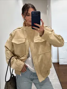 Women's Winter Fitted Jacket Zipper Oversized Stand Collar Multiple Pockets Workwear Street Style Casual Layered Outerwear