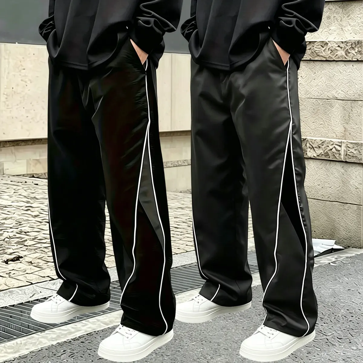 Men's 2-Pack Polyester Track Pants - Loose-Fit Activewear Straight Pants with Side Stripes, Drawstring Mid-Waist, Pockets, All-Season Casual Sport Gym Clothing, Size M, Basics
