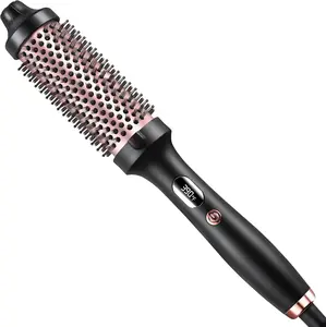 11" Tourmaline Ceramic Round Brush — Ionic Hair Curler & Volumizer, 2 Temps, 15s Heat-Up, Dual Voltage, Portable Easy-Grip Handle | Curling Irons