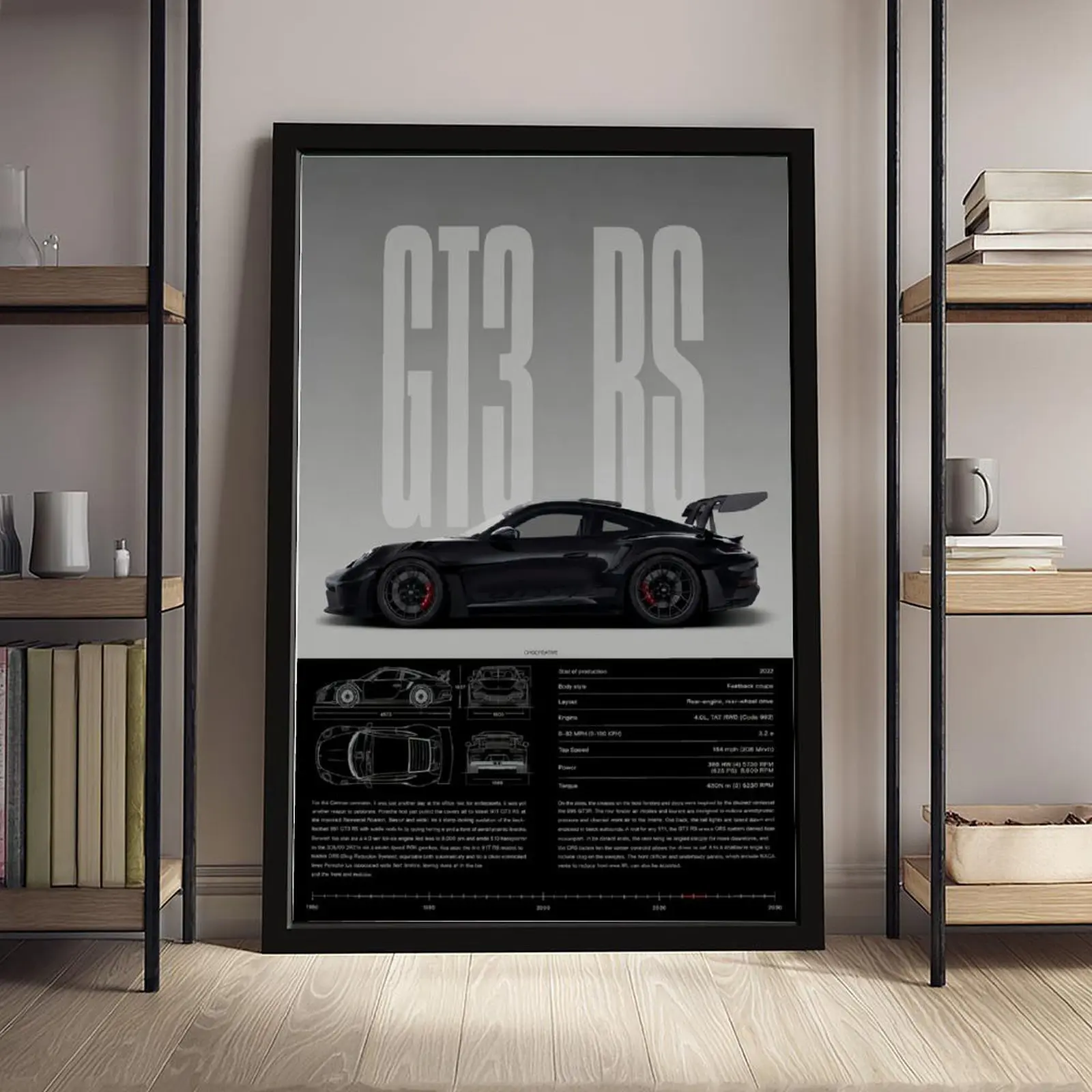 High-Performance GT3 RS Specification Framed Canvas Wall Art, Decorative Vehicle-Themed Artwork for Garage & Living Room, Stylish Room Decor Ornaments for Home Decoration