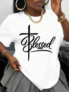 White T-shirt with Cross Design for Women, Christian Faith Statement, Casual Graphic, Religious Clothing, Gift for Church Events and Casual Attire Style.