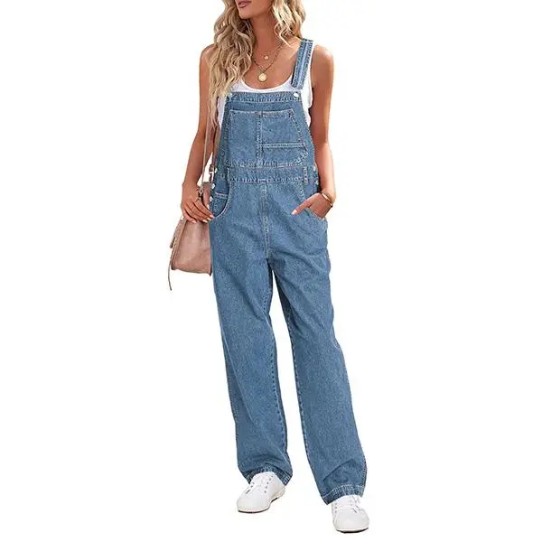 Luvamia Women's Denim Bib Overalls for Women - Loose Fit, Stretchy, Straight Wide-Leg, Full Length, Adjustable, Casual Blue Shadow Basic Jumpsuit Pants, Denim Fabric Overalls, Strap, Full Length Overalls