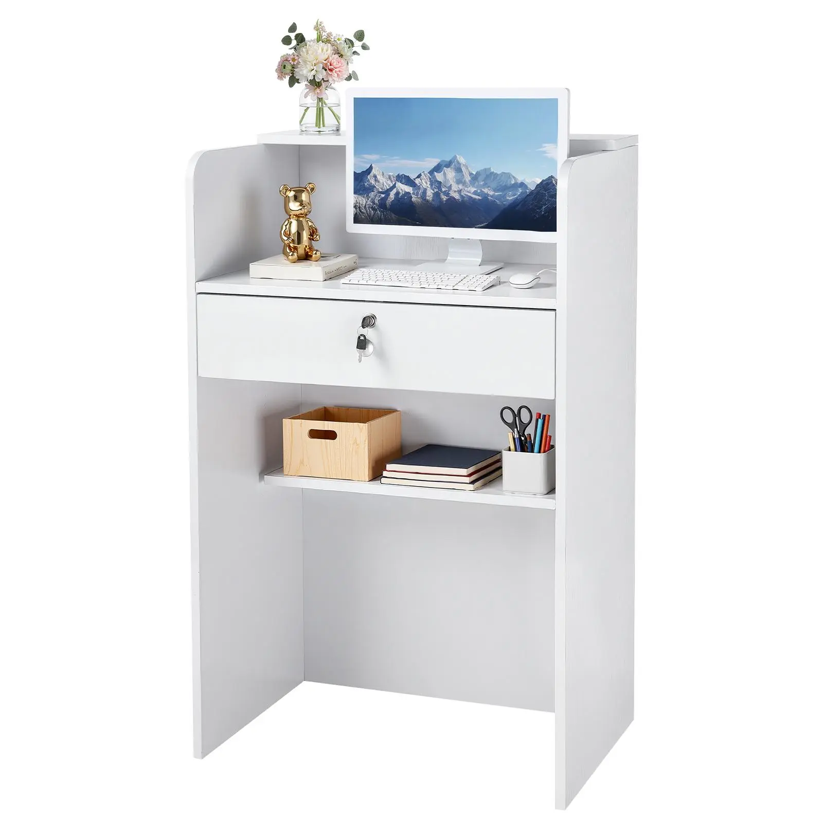 【SummerFinds】VEVOR Reception Desk, 23.6 inch Rectangular Front Counter Table, Modern Office Reception Desk with Drawer, Small Minimalist Retail Counter Table for Checkout, Lobby, Beauty Salon and Office, White
