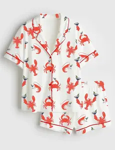 Women’s Lobster Shrimp Crab Martini Coastal Fisherman Old Money Cape Cod Ocean Print Short Sleeve Silk Satin Pajama Set Soft Sleepwear