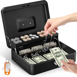 The large cash box is equipped with a detachable cash tray and a safety lock. It is made of sturdy metal, ensuring safety and durability, and comes with double protection via its own keys.