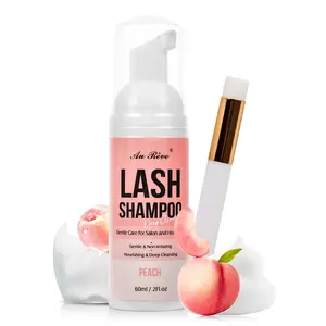 Lash Shampoo for Lash Extensions 60 Ml/2fl.oz Oil Free Gentle Foaming Eyelash Extension Cleanser with Brush for Eyelash Care Salon Home Care (Peach)