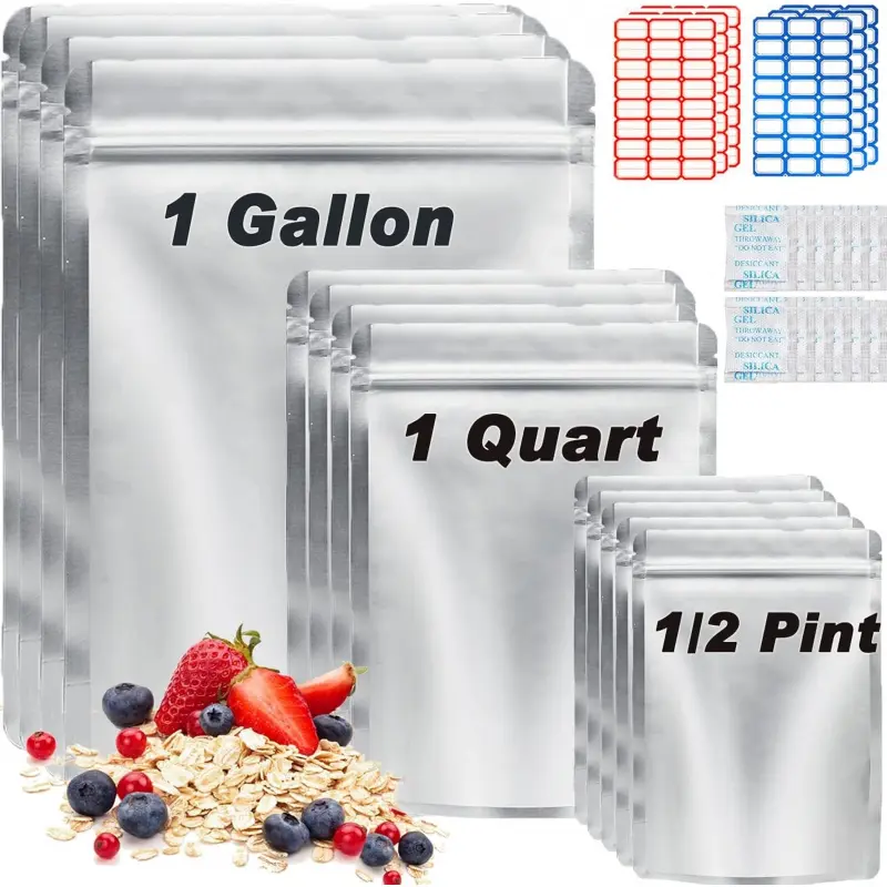 100 Pack Mylar Bags for Food Storage with Oxygen Absorbers, 1 Gallon 9.4 Mil 10"x14", 7"x10", 5"x7" Stand-Up Zipper Pouches Resealable Mylar Bags for Long Term Food Storage (144 Labels)-L