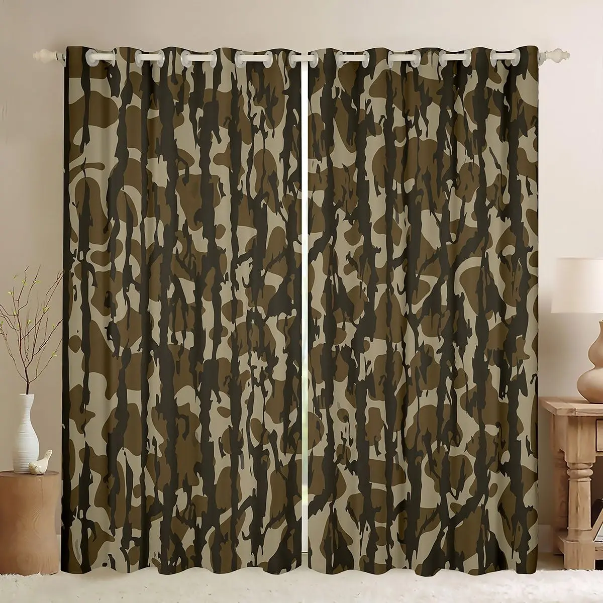 Camouflage Window Curtain (2 Panels) Camo Window Treatments Military Style Blackout Shades Soft Microfiber Army Green Room Decor