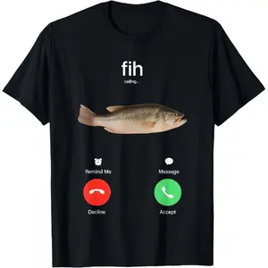 Men's Soft 100% Cotton Casual Short-Sleeve Round Neck Menswear T-Shirt, Fish-Print Sports Top with Phone Call Reminders, Message Accept and Decline Functions