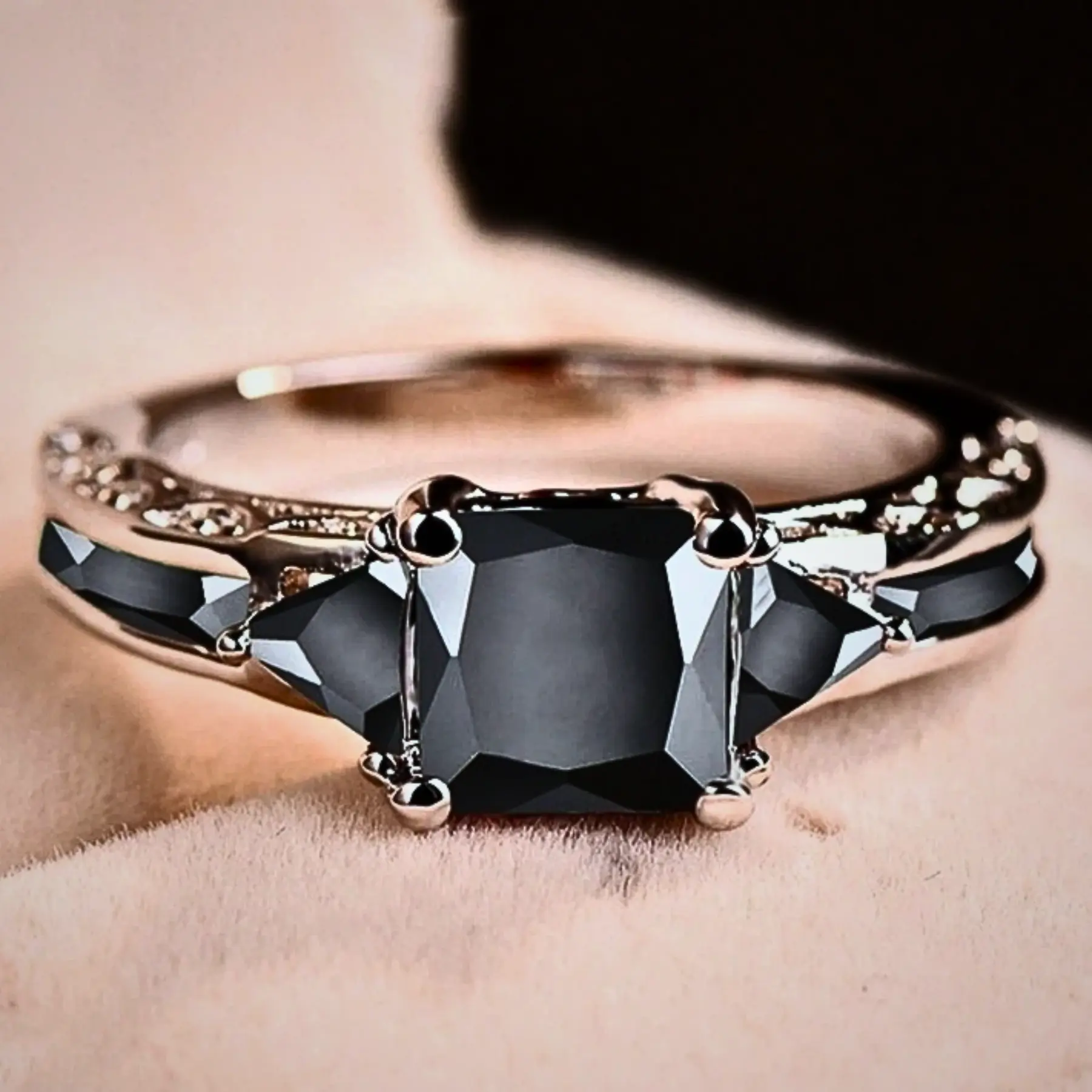 Women’s 925 Sterling Silver Square CZ Ring, Purple & Black Cubic Zirconia, Hypoallergenic Fashion Jewelry