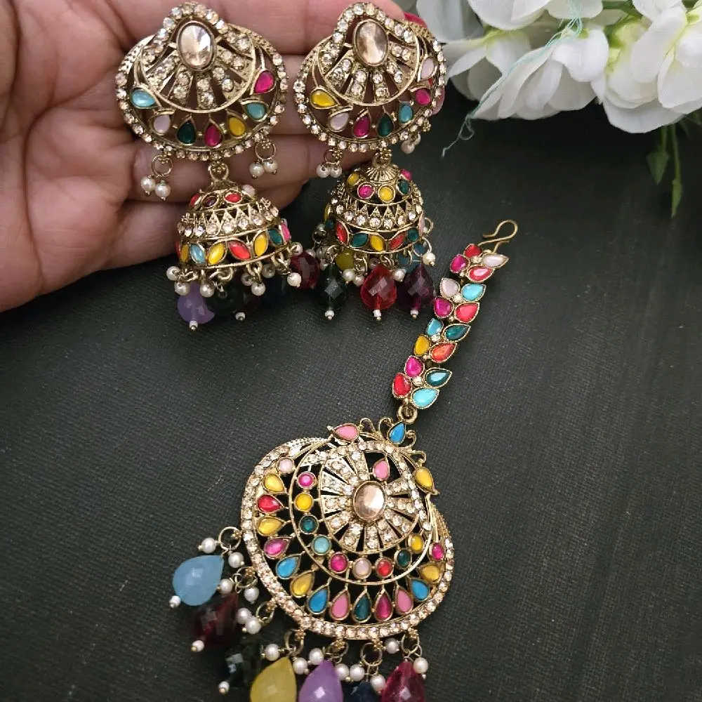 Multi Jhumkas and Tika Combo Set - Elegant Jewelry with Colorful Beads and Decorative Elements