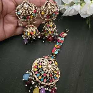 Multi Jhumkas and Tika Combo Set - Elegant Jewelry with Colorful Beads and Decorative Elements