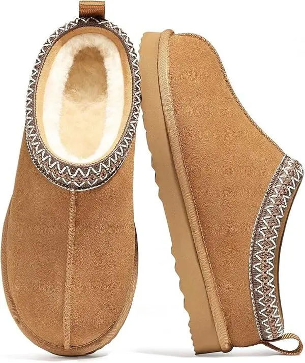 【Litfun】Women's Classic Suede Ankle Round Toe Fuzzy Slippers - Warm Breathable Fur Lining, Slip-Resistant Durable Sole, Easy-Care Cozy Indoor/Outdoor Daily Footwear, Chestnut