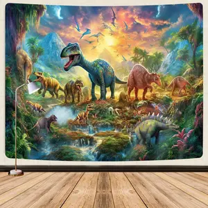 Prehistoric Dinosaur Herd Jungle Backdrop – Various Dinosaurs, Jungle Waterfall & Sunset Sky Scene, Perfect for Kids' Dinosaur Parties & Bedroom Decor, Brings Epic Natural Vibe, A Educational Fun Gift, 2D Print