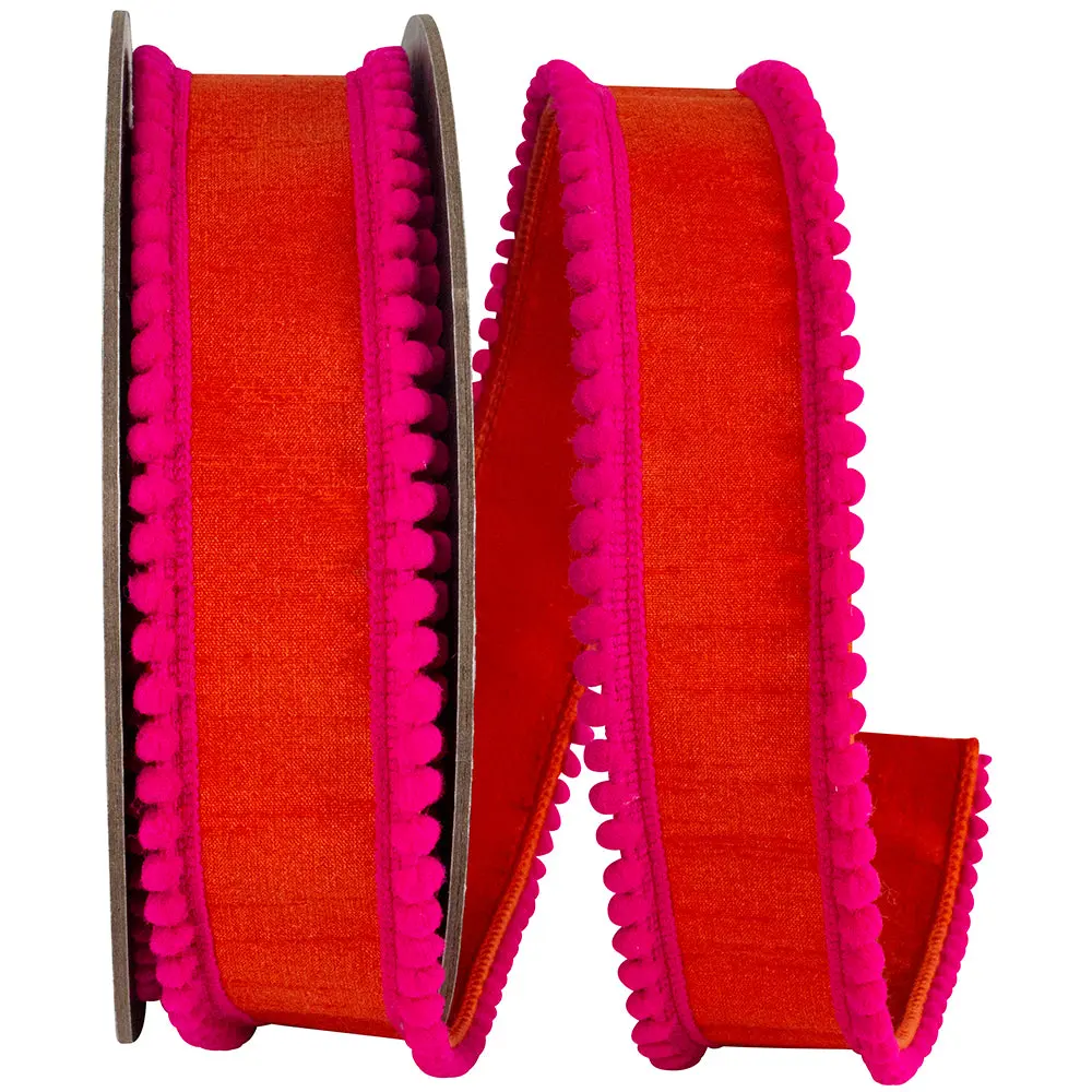 Fuchsia and Orange Pom Pom Dupioni Ribbon, 1.5" X 5YD