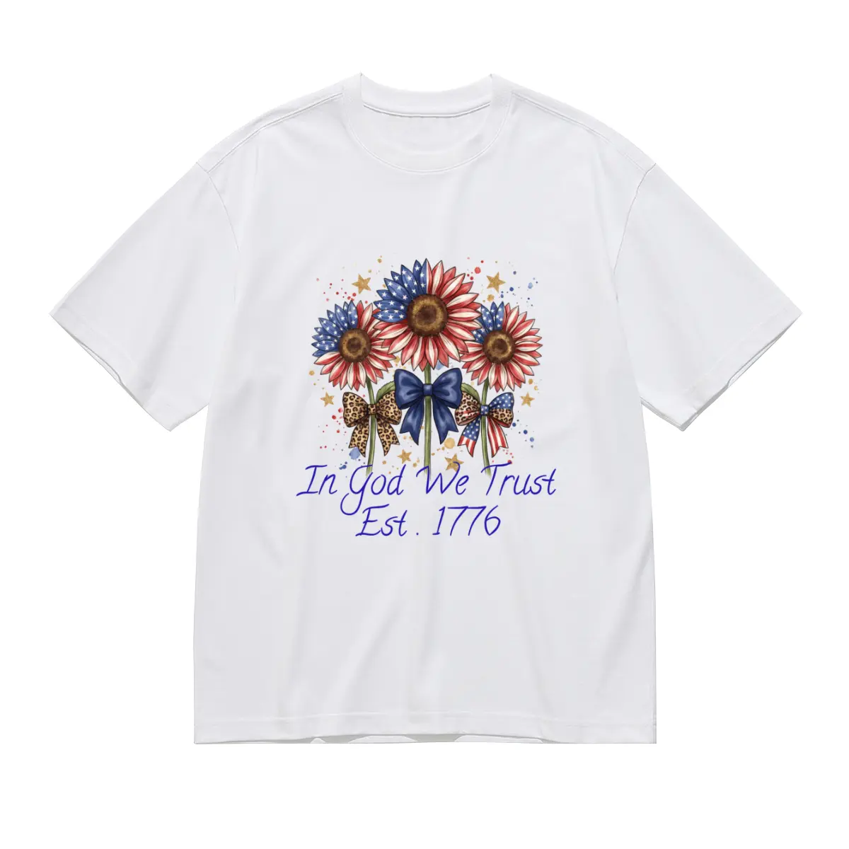 In God We Trust Est. 1776 American Flag Sunflower Print T Shirt Loose Oversized Casual Short Sleeve Soft Breathable Cotton Tees for Women 4th of July Patriotic