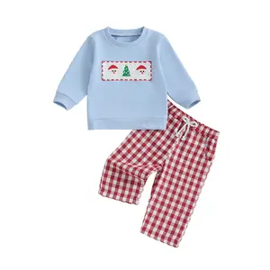 Toddler Baby Boy Christmas Outfit Santa Tree Embroidery Sweatshirt Tops Gingham Pants Holiday Fall Winter Clothes