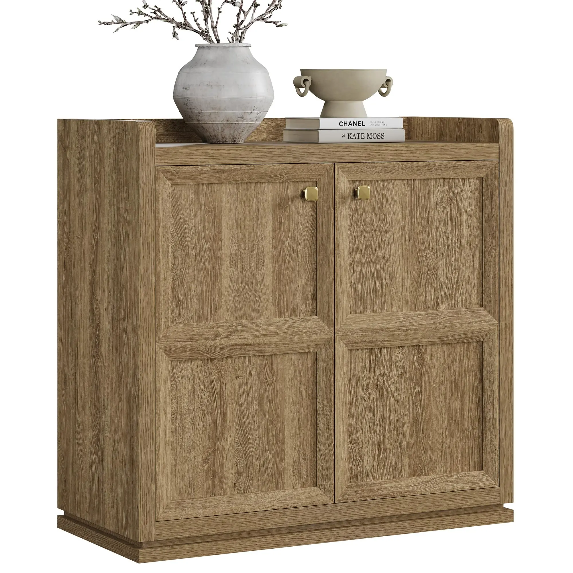 SICOTAS Rectangular 34" Engineered Wood Buffet Cabinet - Single Unit Adjustable Storage Credenza with Doors & Golden Handles, for Living Room, Kitchen