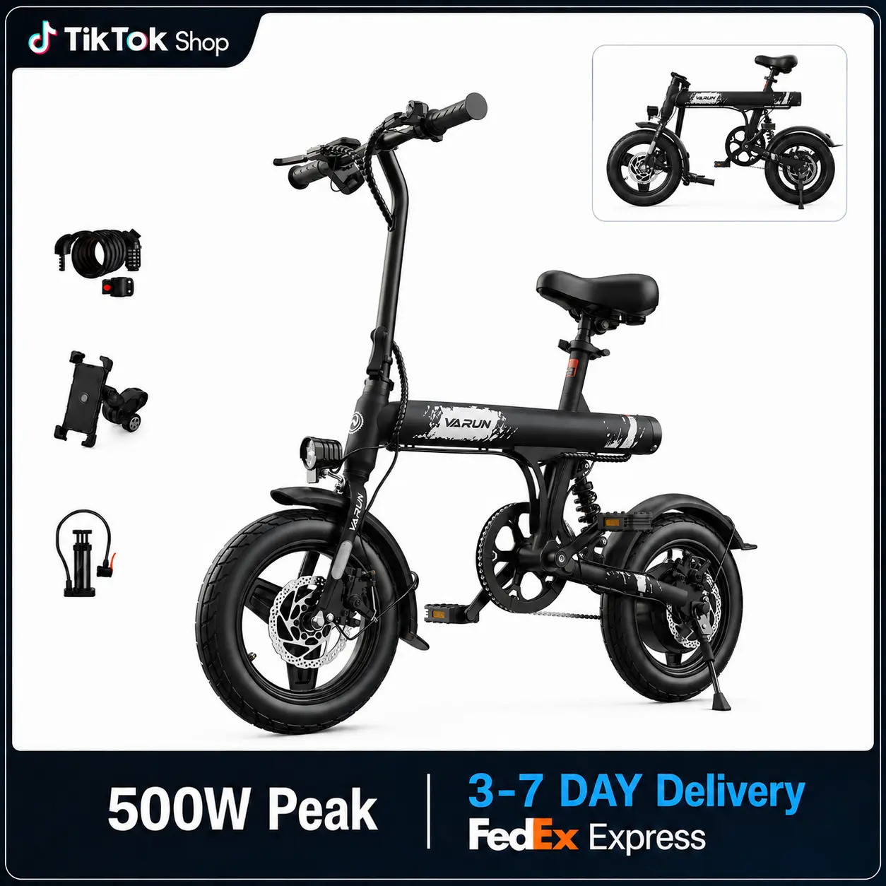 VARUN C14-1 Folding Electric Bike for Adults, 500W Peak Motor, 20MPH, 25+ Mile Range, 14-Inch Urban Commuter Ebike with Hidden Battery, Dual Disc Brakes and Suspension,UL Certified, Ideal for Back-to-School Travel Ebikes For Adults