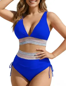 Buauty High Waisted Bikini Sets for Women Color Block V Neck Two Piece Swimsuit Ruched Side Drawstring Sizes 4-22