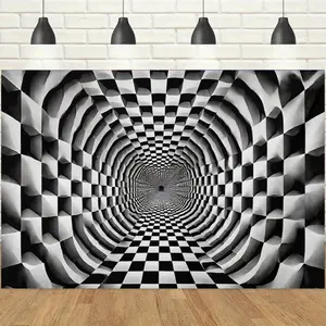 1pc 2D Black & White Tunnel Optical Illusion Banner, 3D Checkerboard & Vortex Perspective, Sci-Fi Trippy & Spatial Extension Vibe, Perfect for Trendy Parties, Art Installations & Cyber-Style Decor Backdrop