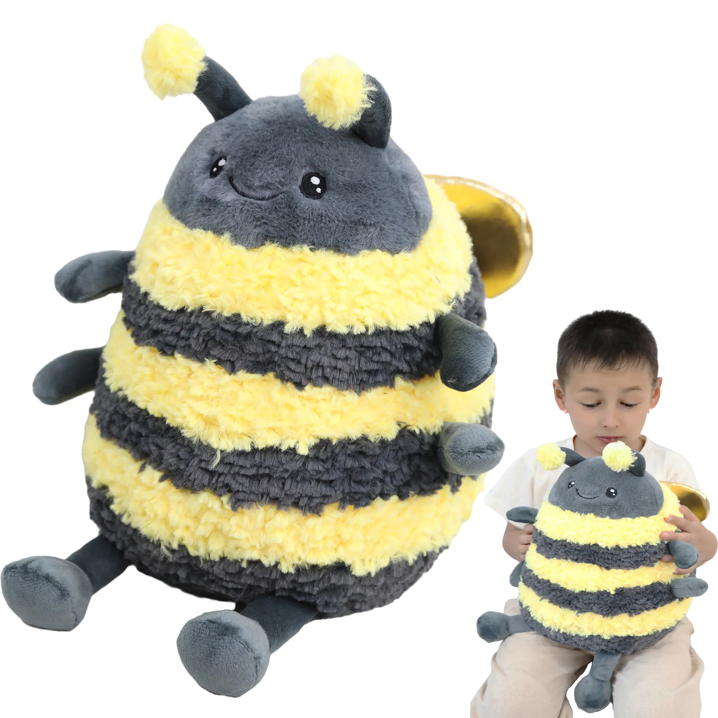 12" Chubby Bumblebee Plush Toy,GRS Certified, Solid/Plastic-Free,Fuzzy Honey Bee Stuffed Animal with Golden Wings,Safe Hug/Waist/Nap Pillow,Perfect Birthday Valentine's Day Gift for Kids 3+