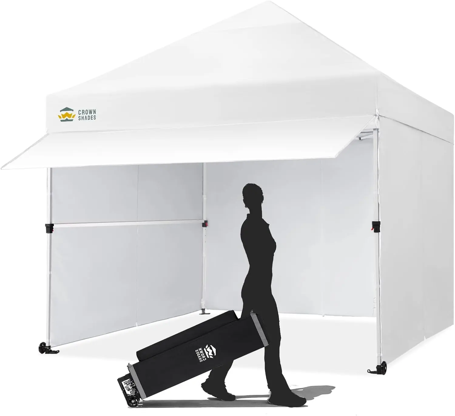 CROWN SHADES 10x10 Pop Up Canopy Tent with 4 Sidewalls, Instant Commercial Tent with 1-Person Setup Patended Centerlock, Extend Awning, 4 Sidewalls, 4" Wheels, Sto'N Go Bag, White