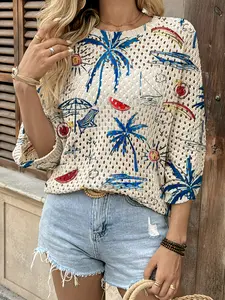 Spring and summer, round neck hollow loose bat blouse, clash color seaside resort element print women's knit blouse, holiday style, Boho fashion shirt, casual commuting, women's vest blouse, boho resort style seaside blouse