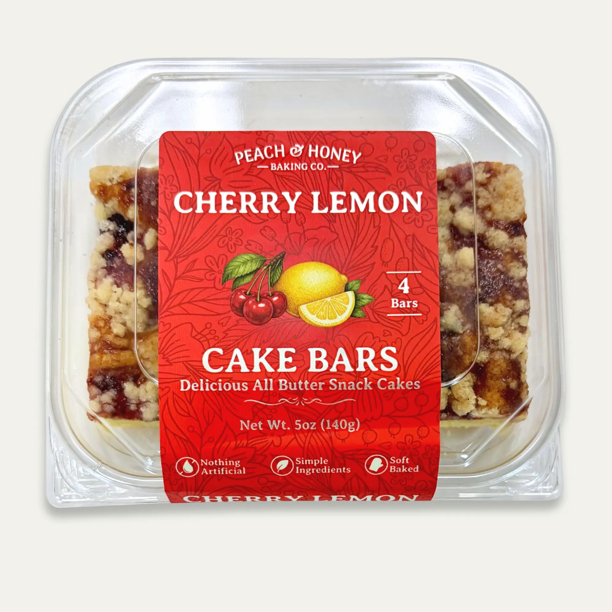 Delicious Cherry Lemon Cake Bars by Peach & Honey Baking Co. - Soft-Baked Dessert Bars - Tart Cherries with Lemon Almond Cake Base, Almond Streusel Topping, Bright Flavor, Balanced Sweetness
