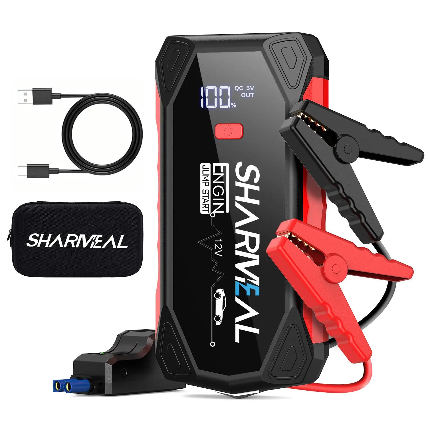 Car Jump Starter 12V Battery Pack Charger Box Portable Power Bank for All Gas Diesel Engines Multi-Function Heavy Duty Jumpstarter Kit with 3 Modes LED Flashlight Jumper Cables for Road Trip Truck SUV Van