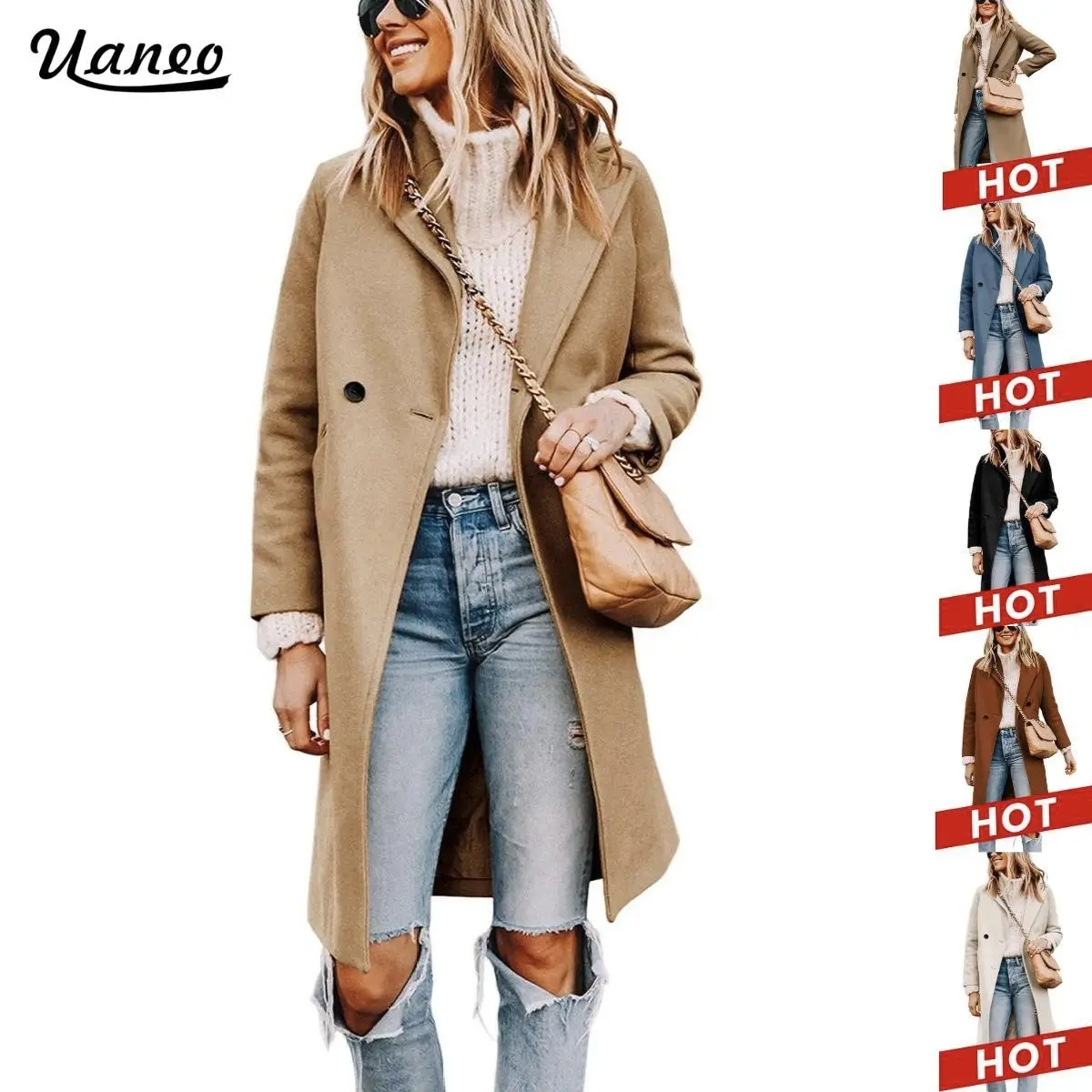 UANEO Women's Mid-Length Notch Lapel Single-Breasted Wool Blend Pea Coat - Long Sleeve, Thermal, Minimalist Solid Outerwear, Casual for Daily & Office Wear, Fall Winter, Back to School Shopping