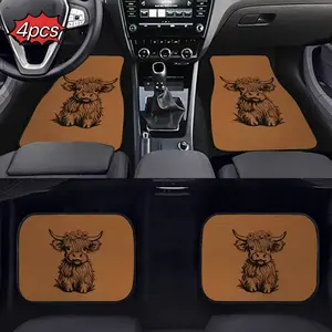 4 Piece Car Mat Set, Highland Cow Print, Easy to Clean, Suitable for Cars Trucks and Suvs, High Quality Polyester Fiber Mats