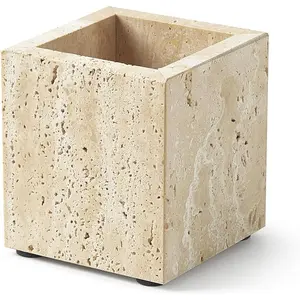 Real Natural Travertine Marble Toothbrush Holder & Pen Holder & Makeup Brush Holder & Utensil Holder, Genuine Stone Rectangular Bathroom Tumbler Cup, Durable Office & Home Countertop Organizer