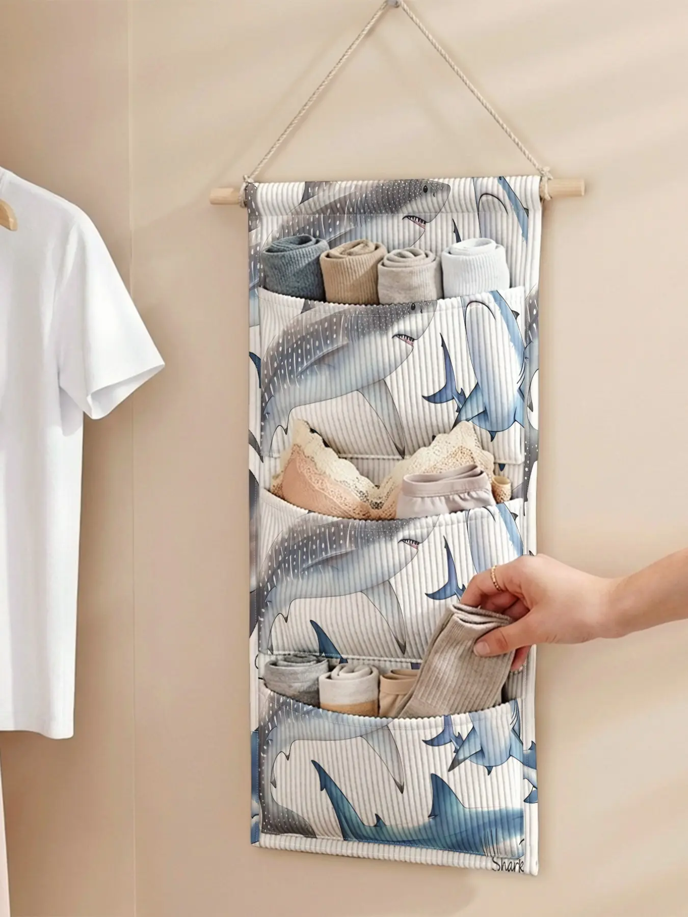 Shark Pattern Hanging Storage Bag, 3-Tier Multi-Compartment Design, Organize Kitchen Tools, Spices, Towels, Small Items, Essential for Renters