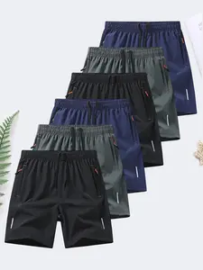 6-piece set: men’s zip-pocket shorts; summer ice-silk beach shorts; ice-feel quick-dry sports casual pants; lightweight basketball shorts; plus-size men’s clothing with reflective strip design; menswear; plain trousers; suitable for running and fitness. b