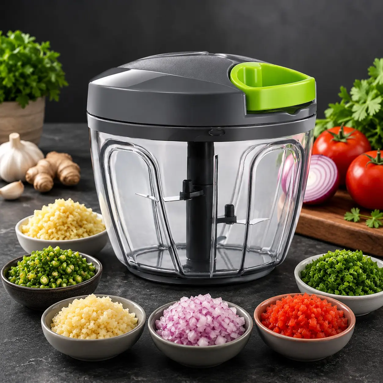 New Design 650ml Manual Food Chopper, Hand Pull Food Processor for Vegetables, Onion, Garlic, Ginger, Nuts & Herbs, Grey