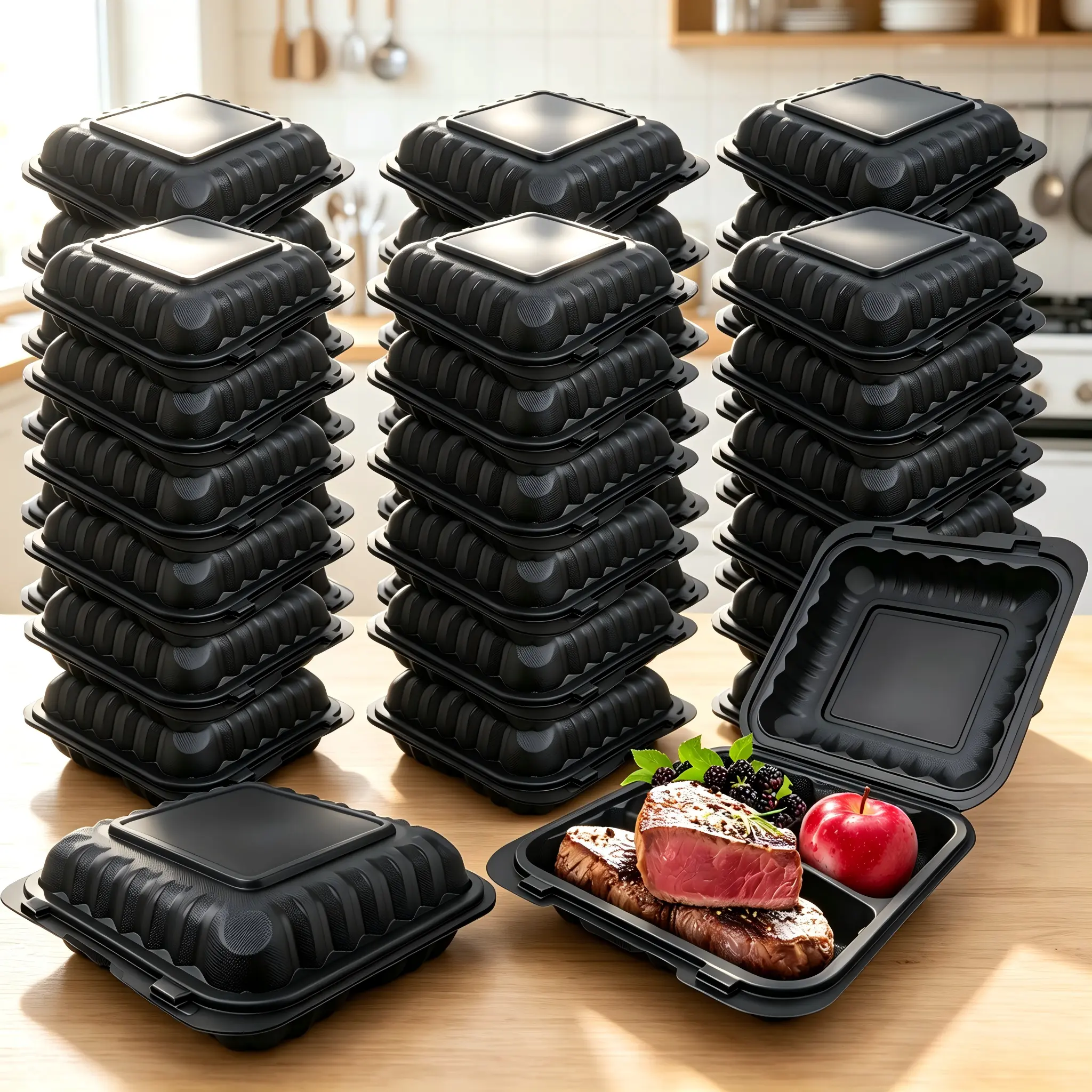 45 sets of 8.15x8.15 Inch Black PP Clamshell Takeout Containers, 3 Compartment Disposable To Go Food Boxes, Microwave & Freezer Safe Plastic Meal Prep Containers for Restaurant Takeout, Student Lunch, Party Catering & Meal Prepping
