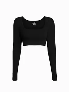 Women's Solid Color Ribbed U Neck Sports Crop Tee, Athletic Yoga Tops, Casual Sporty Long Sleeve T-shirt for Yoga Gym Workout Running, Ladies Sportswear for All Seasons