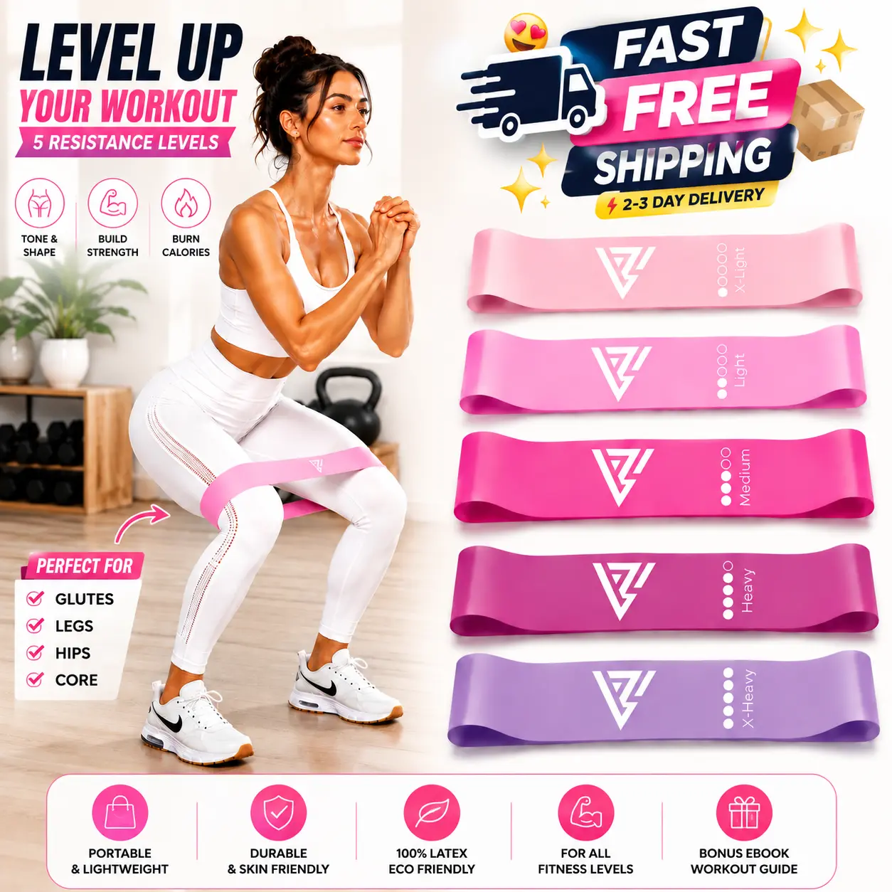 Resistance Bands 5 Pack, Multi Level Latex Exercise Loop Bands for Glutes, Legs, Hips and Strength Training, Home Gym Workout Fitness Bands for Women and Men